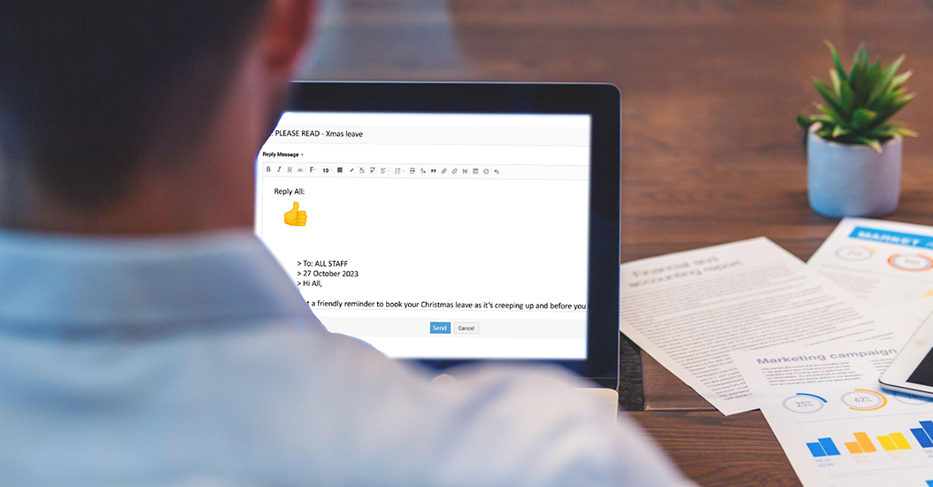 Middle-aged man replies to all staff email with thumbs-up emoji